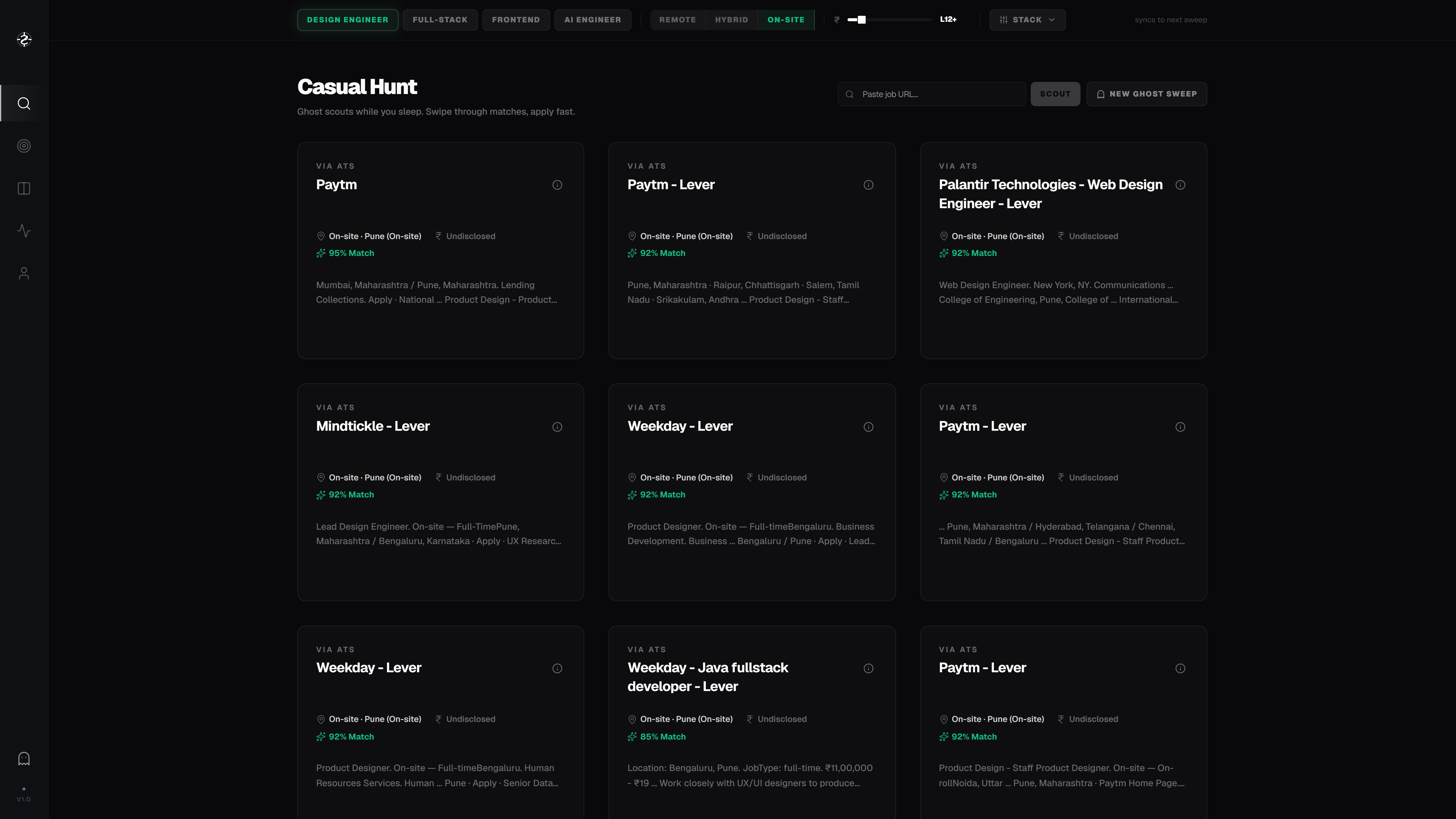 Scout Casual Hunt — auto-swept job listing grid with match scores