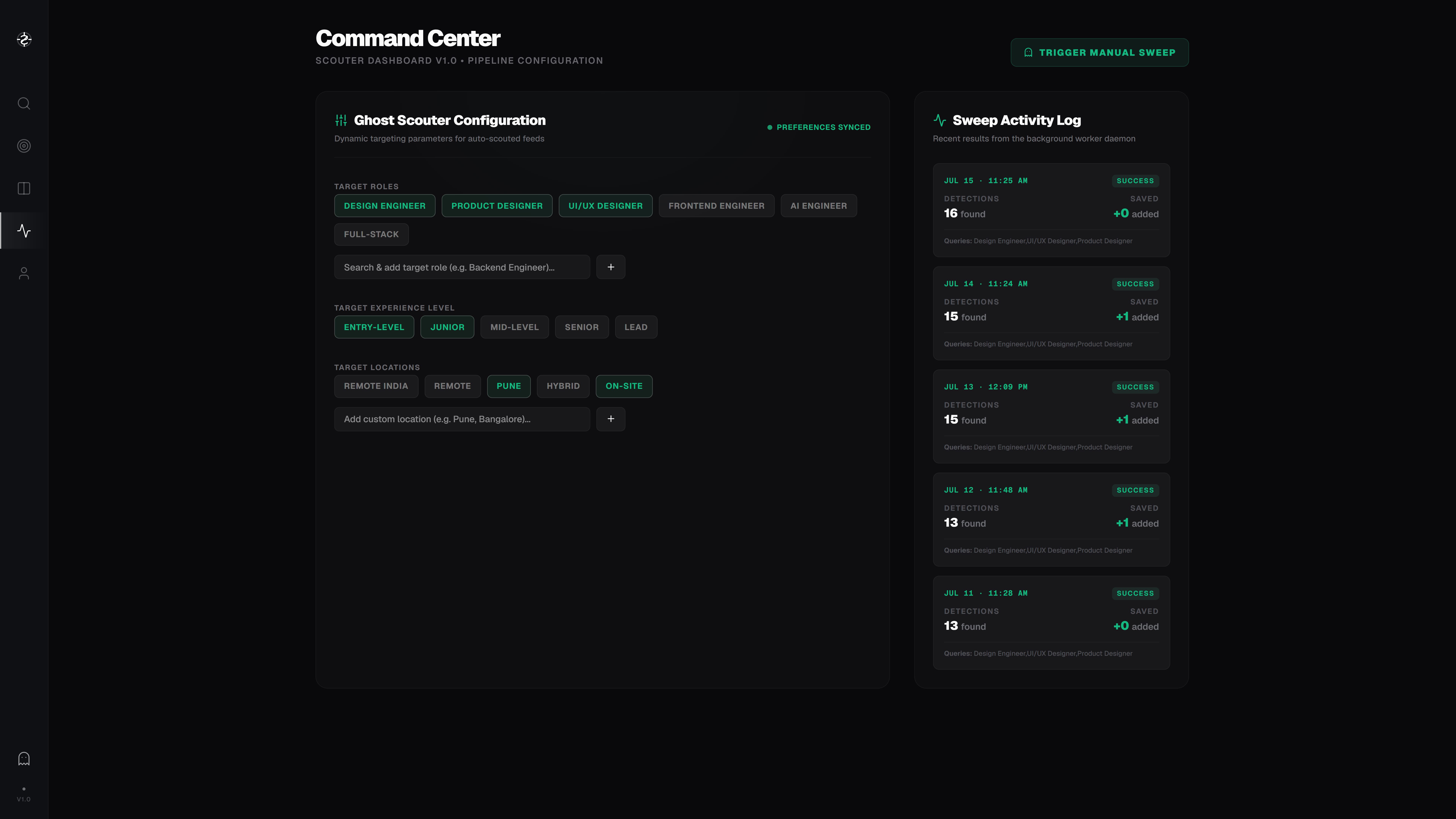 Scout Command Center — Ghost Scouter Configuration and Sweep Activity Log