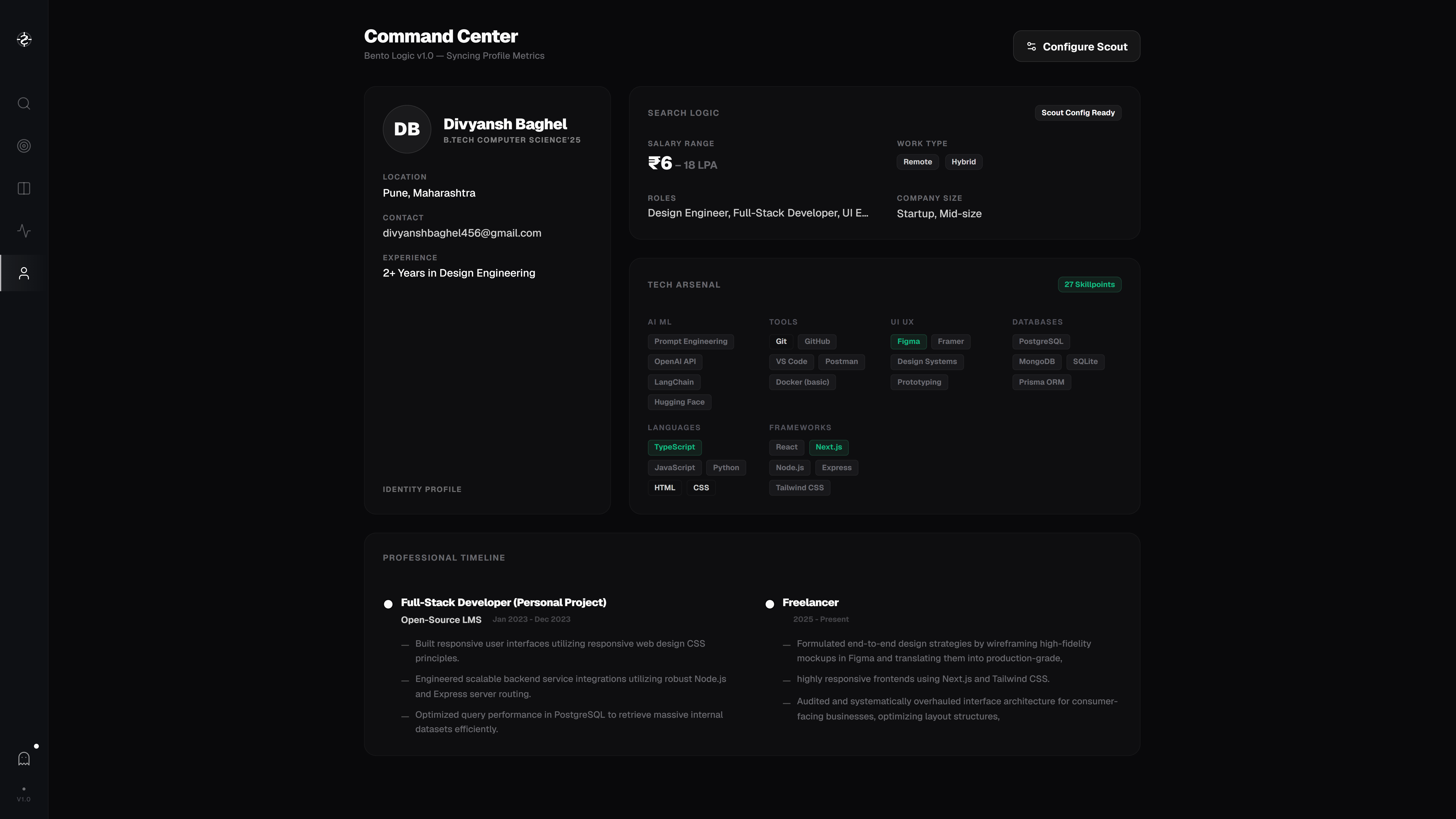 Scout Command Center — Identity profile with tech arsenal and professional timeline