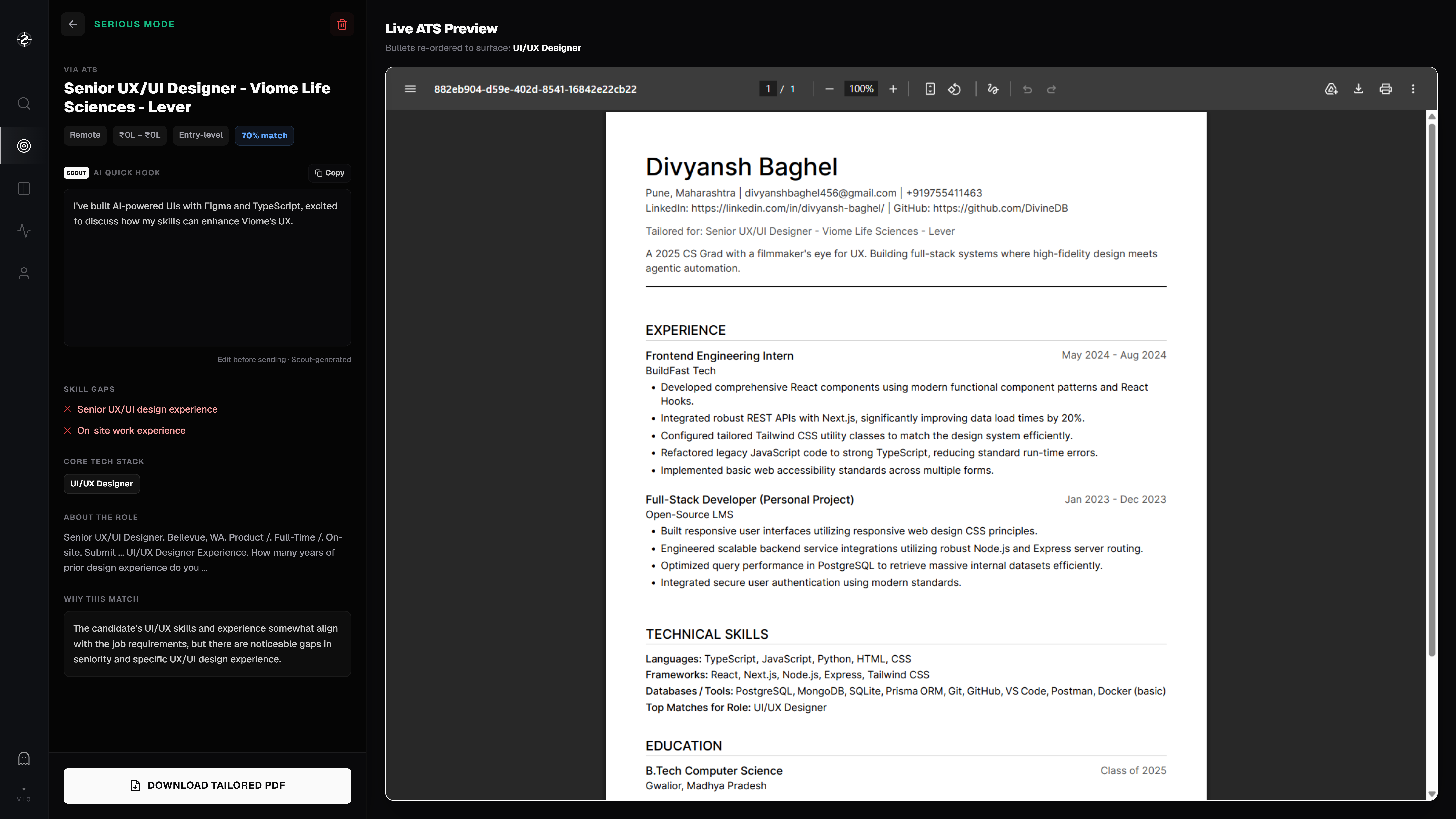 Scout Live ATS Preview — tailored resume PDF alongside job detail and skill gap analysis